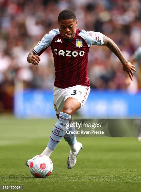 Leon Bailey of Aston Villa controls the ball during the Premier League match between Aston Villa and Norwich City at Villa Park on April 30, 2022 in...