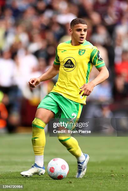 Max Aarons of Norwich City controls the ball during the Premier League match between Aston Villa and Norwich City at Villa Park on April 30, 2022 in...