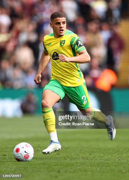 Max Aarons of Norwich City controls the ball during the Premier League match between Aston Villa and Norwich City at Villa Park on April 30, 2022 in...