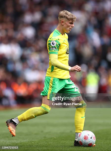 Brandon Williams of Norwich City passes the ball during the Premier League match between Aston Villa and Norwich City at Villa Park on April 30, 2022...