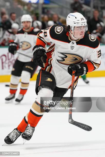 Jamie Drysdale of the Anaheim Ducks skates against the Dallas Stars at the American Airlines Center on April 29, 2022 in Dallas, Texas.