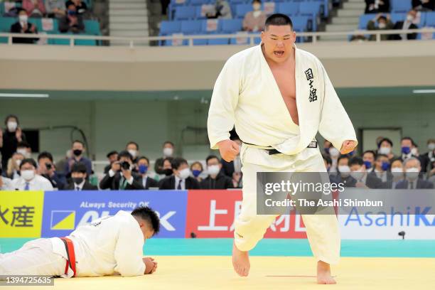 Tatsuru Saito reacts after his victory over Kokoro Kageura during the All Japan Judo Championship at Nippon Budokan on April 29, 2022 in Tokyo, Japan.