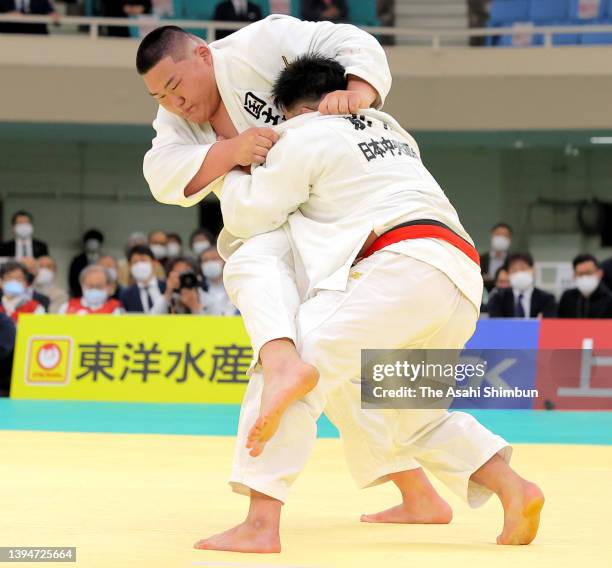 Tatsuru Saito and Kokoro Kageura compete in the final during the All Japan Judo Championship at Nippon Budokan on April 29, 2022 in Tokyo, Japan.