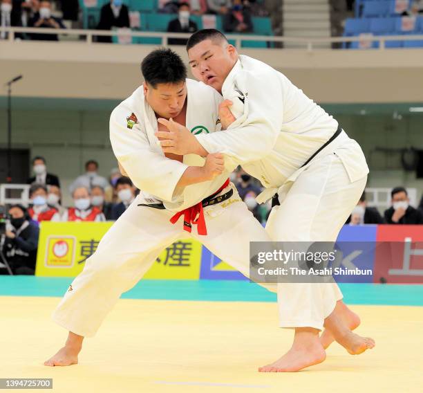 Tatsuru Saito and Kokoro Kageura compete in the final during the All Japan Judo Championship at Nippon Budokan on April 29, 2022 in Tokyo, Japan.