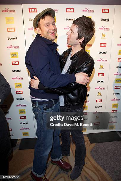 Damon Albarn and Noel Gallagher attend The EMI Puma Cobra post BRIT awards party at the O2 on February 21, 2012 in London, England.