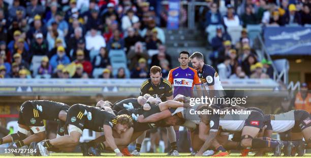 Jamie Booth of the Hurricanes feeds a scrum during the round 11 Super Rugby Pacific match between the ACT Brumbies and the Hurricanes at GIO Stadium...