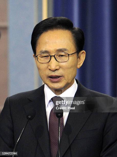 South Korean President Lee Myung-Bak speaks during a press conference at presidential house on February 22, 2012 in Seoul, South Korea. Lee held the...