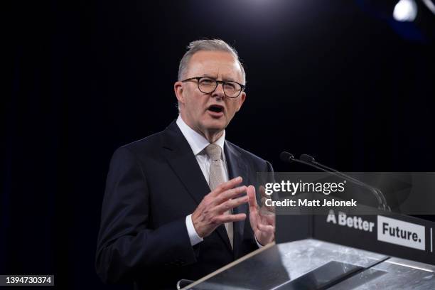 Federal Opposition leader Anthony Albanese speaks during the Labor Party election campaign launch at Optus Stadium on May 01, 2022 in Perth,...