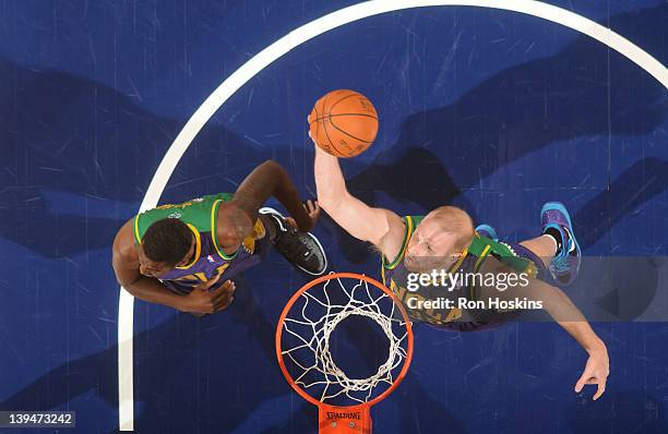 Chris Kaman of the New Orleans Hornets goes to the basket during the game between the Indiana Pacers and the New Orleans Hornets on February 21, 2012...