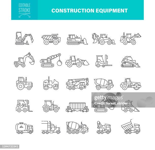 建設機械アイコン編集可能なストローク。セットには、ブルドーザー、重機、建設業界などのアイコンが含まれています - 林業機械点のイラスト素材／クリップアート素材／マンガ素材／アイコン素材