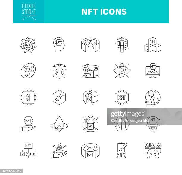 ilustraciones, imágenes clip art, dibujos animados e iconos de stock de iconos nft trazo editable. el conjunto contiene iconos como token no fungible, negocios, arte, metaverso, criptomoneda - bid