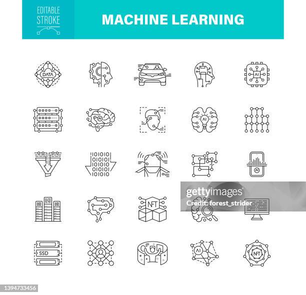 machine learning icons editable stroke. the set contains icons as artificial intelligence, machine learning, big data, network technology - ann stock illustrations