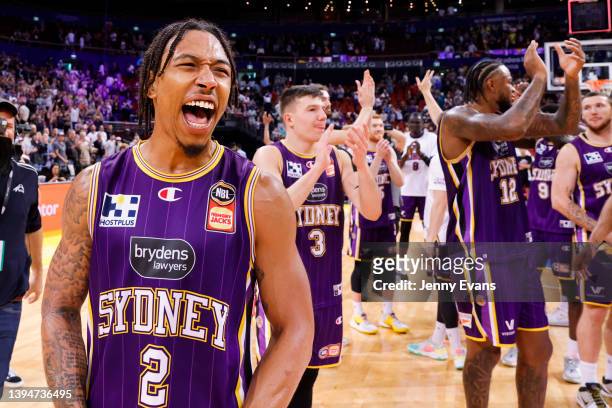 Jaylen Adams of the Kings celebrates with team mates after their win game two of the NBL Semi Final series between Sydney Kings and Illawarra Hawks...