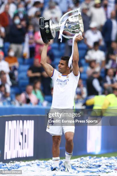 Carlos Henrique Casemiro of Real Madrid celebrates the title of winners of the spanish league, La Liga Santander, after winning the football match...