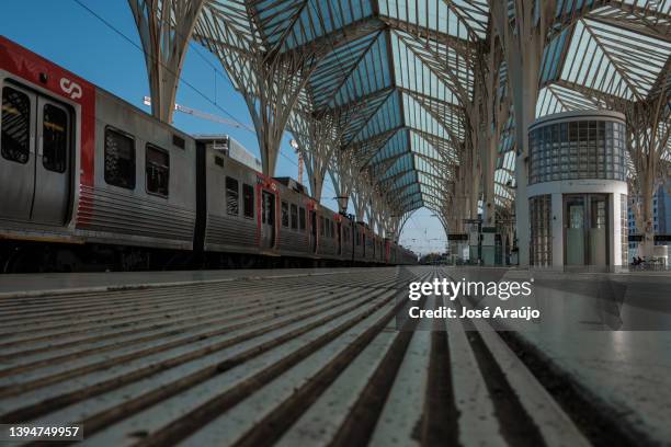 oriente train station in lisbon with a cp train stopped on the line - lisbon architecture stock pictures, royalty-free photos & images