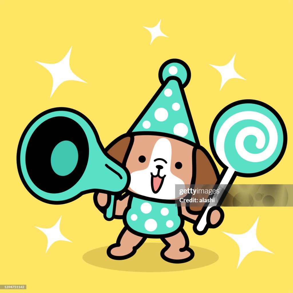 A cute dog wearing a party hat and holding a lollipop is speaking through a megaphone