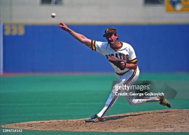 Pitcher Rick Rhoden of the Pittsburgh Pirates pitches during a Major League Baseball game at Three Rivers Stadium in 1984 in Pittsburgh, Pennsylvania.