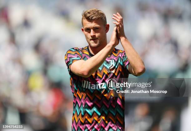 Matthijs de Ligt of Juventus warms up prior to the Serie A match between Juventus and Venezia FC at Allianz Stadium on May 01, 2022 in Turin, Italy.