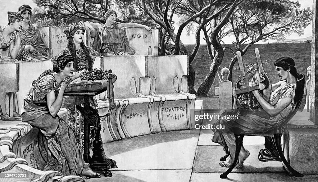 Sappho, ancient Greek poet, enjoying the music of a plucked instrument player
