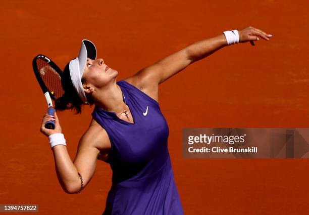 Bianca Andreescu of Canada serves in her second round match against Danielle Collins of the United States during day four of the Mutua Madrid Open at...