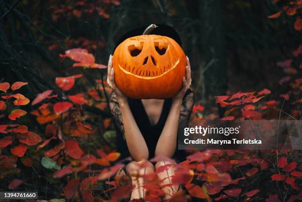 the girl sits in the forest and holds a pumpkin in her hands. halloween pumpkin. autumn background. - charmeur photos et images de collection