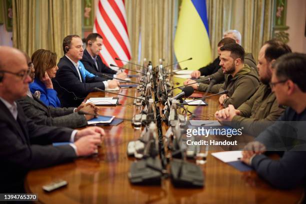 Ukrainian President Volodymyr Zelensky meets U.S. Speaker of the House Nancy Pelosi during a visit by a U.S. Congressional delegation on April 30,...