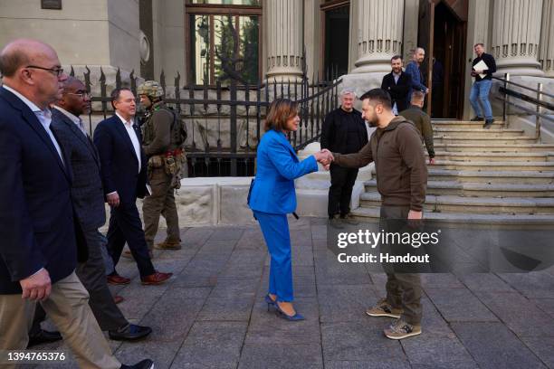 Ukrainian President Volodymyr Zelensky meets U.S. Speaker of the House Nancy Pelosi during a visit by a U.S. Congressional delegation on April 30,...