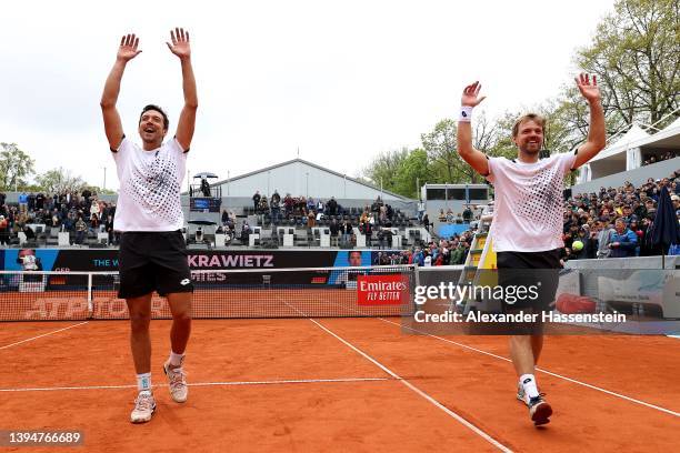 Kevin Krawietz and Andreas Mies of Germany celebrate victory after winning her duobles final against Rafael Matos of Brazil and David Vega Hernandez...