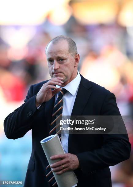 Tigers coach Michael Maguire looks on during the round eight NRL match between the St George Illawarra Dragons and the Wests Tigers at WIN Stadium on...