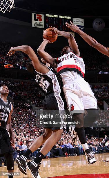 Wesley Matthews of the Portland Trail Blazers goes to the basket against James Anderson of the San Antonio Spurs during the game on February 21, 2012...