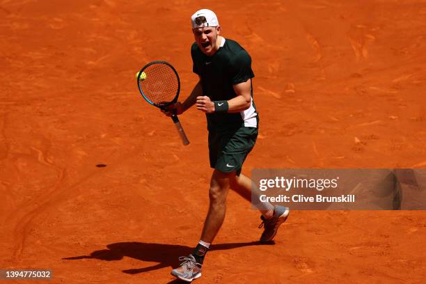 Jack Draper of Great Britain reacts after winning the first set in their round of 64 match against Lorenzo Sonego of Italy during Day Four of the...