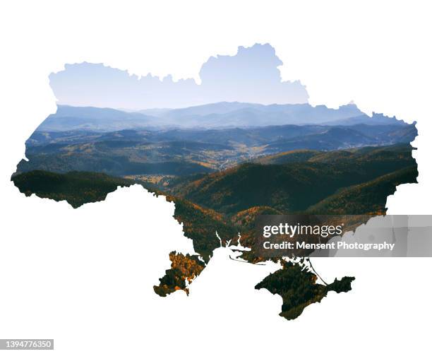 map of ukraine background in a picturesque mountain valley in the carpathians in autumn, drone view - osier photos et images de collection