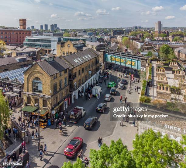 camden market, london from a drone perspective - camden lock stock pictures, royalty-free photos & images