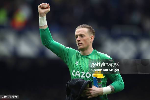 Jordan Pickford of Everton interacts with the crowd prior to kick off of the Premier League match between Everton and Chelsea at Goodison Park on May...