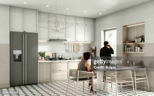 japandi style domestic kitchen - kitchen ceiling lights stock pictures, royalty-free photos & images