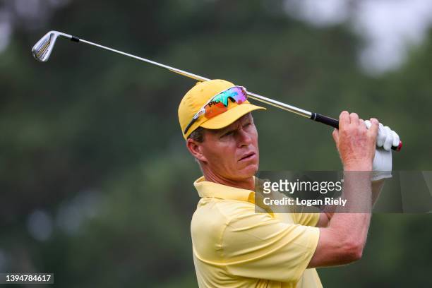 John Senden of Australia tees off on the second hole during the final round of the Insperity Invitational at The Woodlands Golf Club on May 01, 2022...
