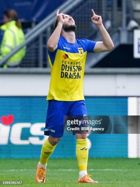 Robin Maulun of SC Cambuur celebrates after scoring his sides second goal during the Dutch Eredivisie match between SC Heerenveen and SC Cambuur at...
