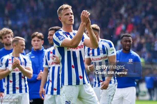 Joost van Aken of SC Heerenveen applauds during the Dutch Eredivisie match between SC Heerenveen and SC Cambuur at the Abe Lenstra Stadion on May 1,...