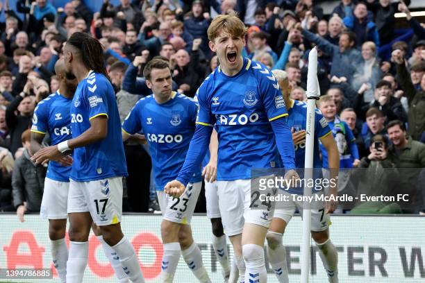 Anthony Gordon celebrates the goal of during the Premier League match between Everton and Chelsea at Goodison Park on May 01, 2022 in Liverpool,...