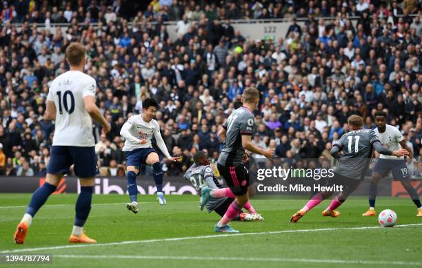 Heung-Min Son of Tottenham Hotspur scores their team's second goal during the Premier League match between Tottenham Hotspur and Leicester City at...