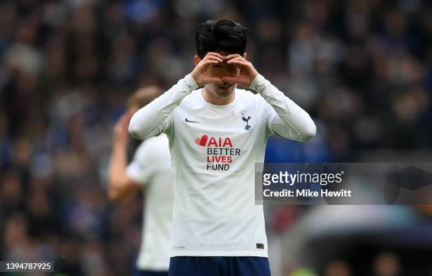 Heung-Min Son of Tottenham Hotspur celebrates after scoring their team's second goal during the Premier League match between Tottenham Hotspur and...