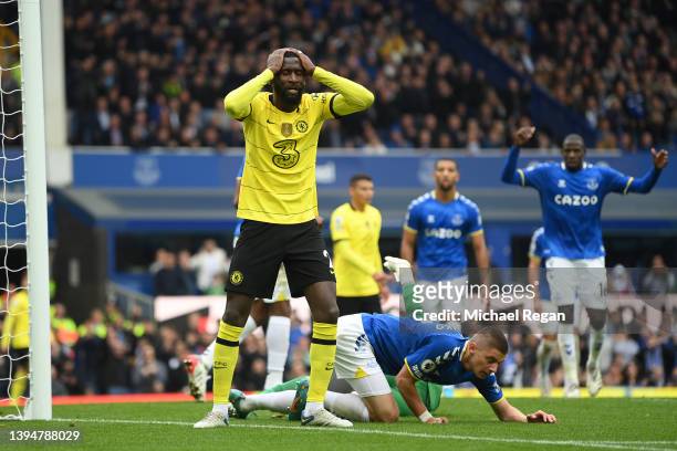 Antonio Rudiger of Chelsea reacts after Jordan Pickford of Everton saves a shot during the Premier League match between Everton and Chelsea at...