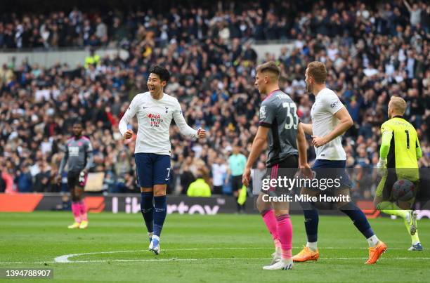 Heung-Min Son of Tottenham Hotspur celebrates after scoring their team's second goal during the Premier League match between Tottenham Hotspur and...