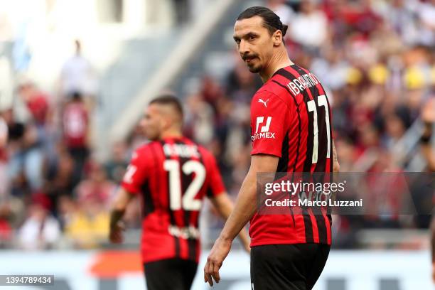 Zlatan Ibrahimovic of AC Milan looks on during the Serie A match between AC Milan and ACF Fiorentina at Stadio Giuseppe Meazza on May 01, 2022 in...