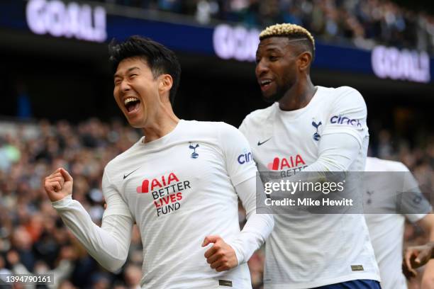 Heung-Min Son celebrates with Emerson Royal of Tottenham Hotspur after scoring their team's third goal during the Premier League match between...