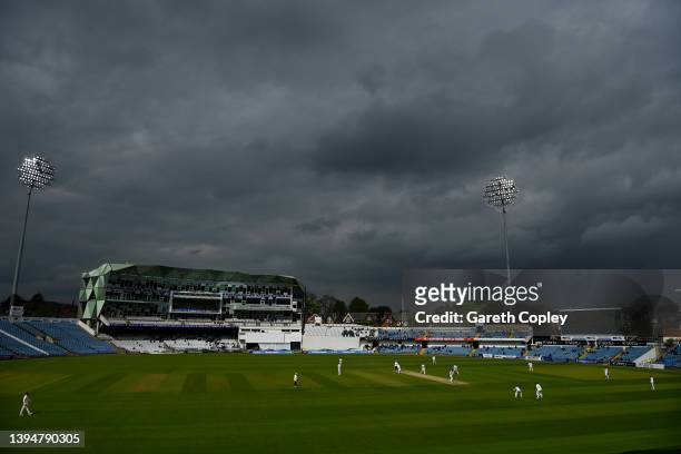 General view of play under dark skies during the LV= Insurance County Championship match between Yorkshire and Kent at Headingley on May 01, 2022 in...
