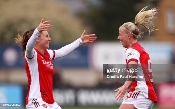 Beth Mead of Arsenal celebrates scoring their side's fourth goal with teammate Noelle Maritz during the Barclays FA Women's Super League match...