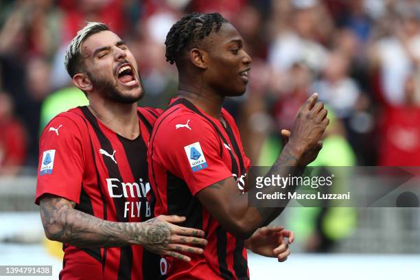 Rafael Leao celebrates with Theo Hernandez of AC Milan after scoring their team's first goal during the Serie A match between AC Milan and ACF...