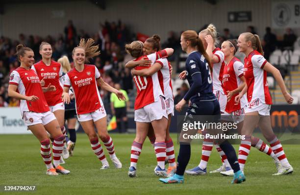 Nikita Parris of Arsenal celebrates scoring their side's seventh goal with teammates during the Barclays FA Women's Super League match between...