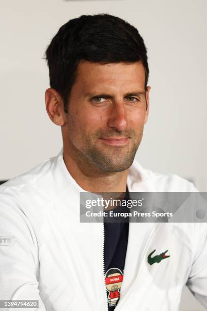 Novak Djokovic of Serbia attends his press conference during the Mutua Madrid Open 2022 celebrated at La Caja Magica on May 01 in Madrid, Spain.